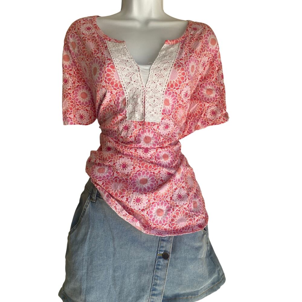 Y2K Basic Editions Women 3X Pink Floral Barbie Boho Prairie Lace Blouse Summer